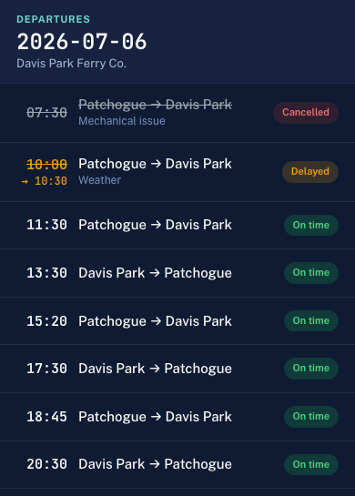Dispatch board showing a cancelled and a delayed sailing